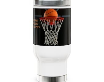 Caneca térmica de aço inoxidável com estampa de cesta de basquete, 414 ml, tampa à prova de derramamento, alça preta.