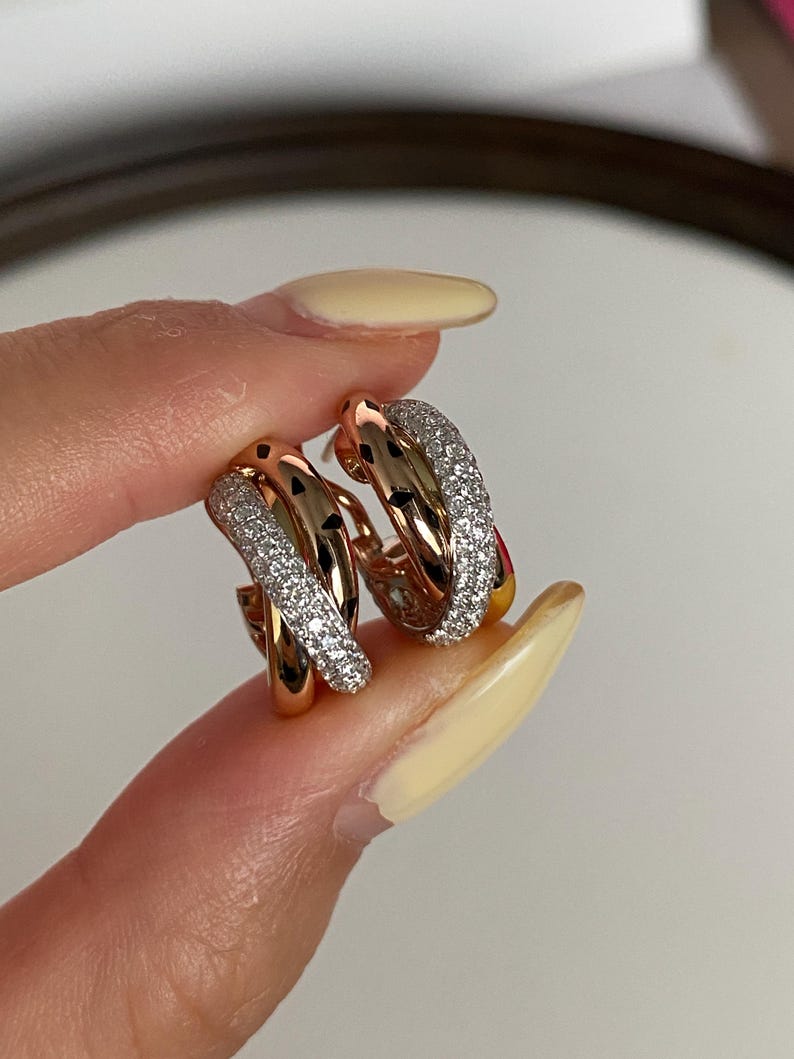 18K Two-tone Gold Panther Hoop Earrings, Lab Grown Diamond Triple Band ...