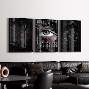 May include: A set of three framed art prints in black and white with red highlights. One print shows the Pi symbol, another a close-up of an eye, and the third, mathematical equations. The artwork is displayed above a black leather sofa in a living room.