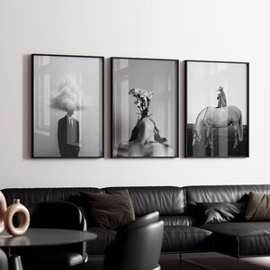 May include: A triptych of black and white framed art prints. The prints depict surreal scenes: a person with a cloud head, a neck with flowers, and a person on a horse. The rectangular frames are mounted on a white wall.