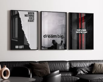 Motivational Wall Art Set of 3, Dream Big Quote Poster, Never Give Up Print, Urban Hustle Decor, Edgy Black Red Digital Download