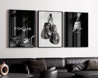 Juego de 3 impresiones de boxeo para pared, póster de motivación para gimnasio, decoración de oficina para luchadores, impresión de deportes de combate, arte de guantes de boxeo, descarga digital