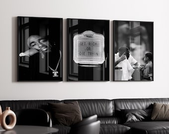 Tupac Wall Art Set of 3, Get Rich or Die Tryin Print, 90s Hip Hop Poster, Black White Rap Decor, Urban Man Cave Art, Digital Download