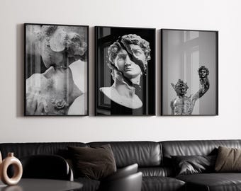 Dark Academia Gallery Set, gebrochene David Büste, Amor und Psyche, Perseus mit Medusa, griechische Mythologie Kunst, launisches 3-teiliges Dekor, B & W Druck