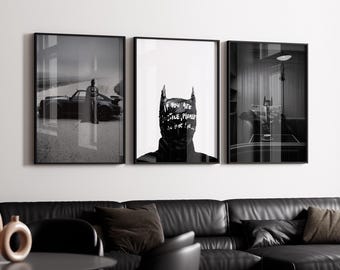 Dark Knight Wall Art Set of 3 Vigilante Poster Vintage Car Print Cinematic Noir Decor Superhero Pop Art Black White Digital Download