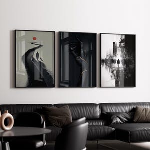 Modern zen väggkonst set med 3, Kintsugi handkonsttryck, röd solstig poster, inre resa andlig dekor, digital nedladdning abstrakt set