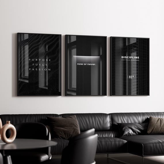 Discipline Wall Art, Purpose Quote Print, Now or Never, Minimalist Office Decor, Motivational Black Set, 3 Piece Digital Download, Moody