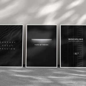 May include: Three framed black and white motivational posters. The left poster reads "PURPOSE FUELS PASSION". The middle poster says "now or never.". The right poster says "DISCIPLINE STAY FOCUSED, WORK HARD".