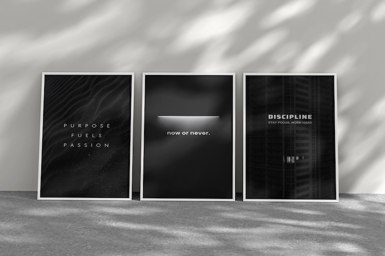 May include: Three framed black and white motivational posters. The left poster reads "PURPOSE FUELS PASSION". The middle poster says "now or never.". The right poster says "DISCIPLINE STAY FOCUSED, WORK HARD".