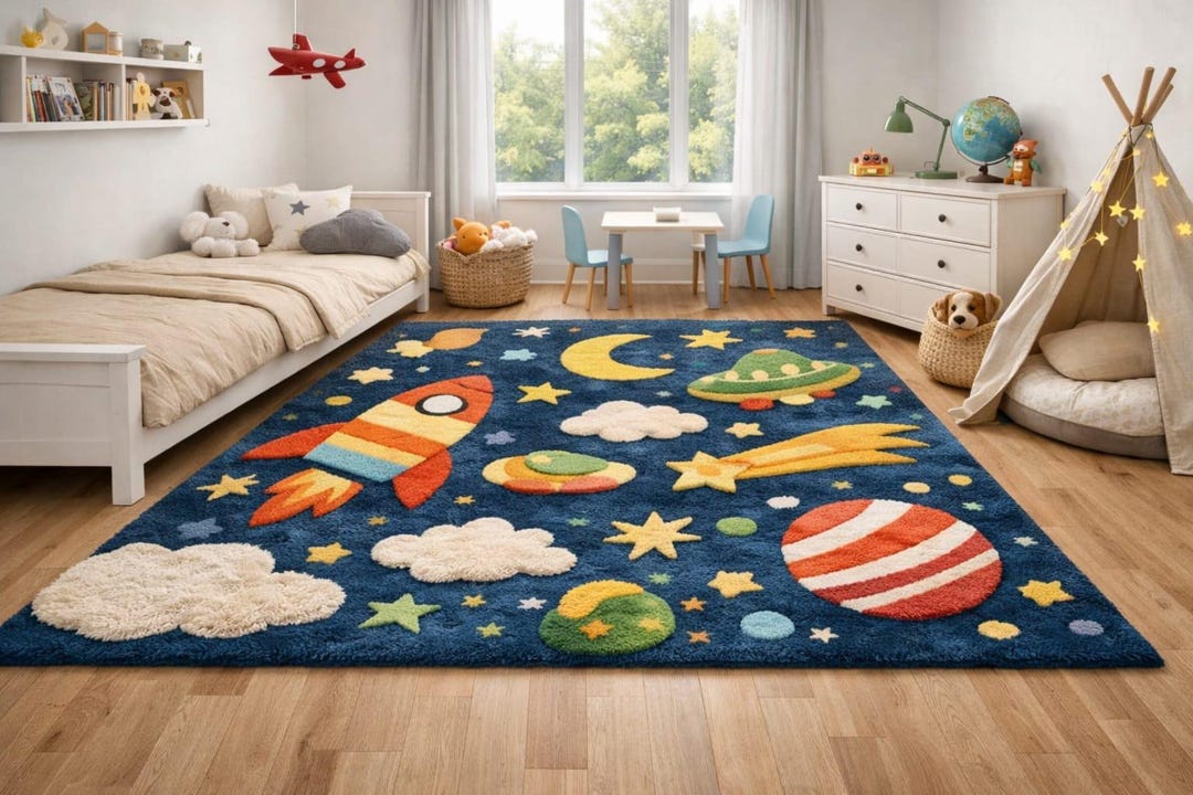 Moon Rover Play Rug Hand Tufted Space Adventure Rug, Premium New Zealand Wool 3D Rocket ...
