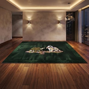 Hand-Tufted 100% Wool Rug: Tortoise and Rabbit Fable Scene - Deep Green Forest Floor - Nursery & Living Area Art Rug