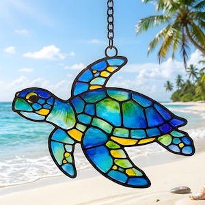 Handgefertigter Meeresschildkröten-Faux-Buntglas-Sonnenfänger, tropischer Ozeantier-Acryl-Fensterdekor, Symbol der Weisheit & Langlebigkeit