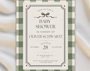 Invitación personalizable para baby shower con estampado de cuadros vintage / Plantilla digital imprimible / Plantilla editable