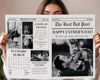 Modèle de journal de la fête des pères sur toile, cadeau personnalisé pour papa, affiche imprimable de la fête des pères, journal avec collage de photos personnalisé,