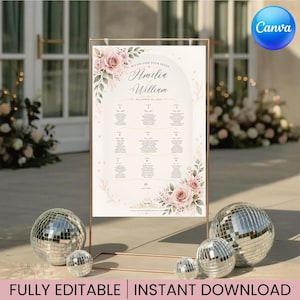 Könnte beinhalten: Ein Hochzeitssitzplan auf einem kupferfarbenen Ständer mit rosa Blumenillustrationen, dem Text "Please find your seats", "Amelia & William", "December 14, 2024" und einer Liste von zehn Tischen. Das Design enthält unten ein Monogramm "A/W".