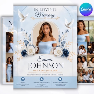 Può includere: Un modello di programma funebre con sfondo cielo azzurro, colombe bianche, accenti dorati e rose blu e bianche. Il testo recita In Loving Memory, Emma Johnson, 4 aprile 1967 - 9 luglio 2028, e i dettagli per la New Hope Baptist Church.