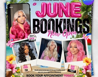 Modèle de Flyer de réservation de juin Canva, réservation de salon de beauté, Flyer perruque de cils, publication Instagram promo d'été, Flyer ouvert de réservation modifiable