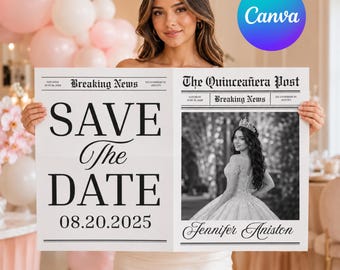Quinceañera Save the Date Newspaper Template, Editable Canva Invitation, Sweet 15 Quince Años, Digital Download