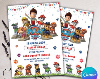 Modèle modifiable d'invitation d'anniversaire Paw-ty | Invitation de fête imprimable pour enfants | Puppy Patrol Pup Crew Boys & Girls Bday (téléchargement instantané)