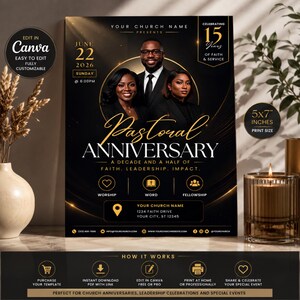 Pastoral Anniversary Flyer Template, Church Anniversary Program Service, Pastor Appreciation-Church Event-Modern Black Design-Editable Canva