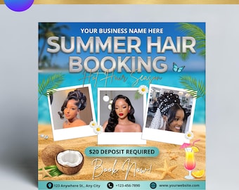 Modèle de Flyer de réservation de cheveux d'été, toile, réservation de coiffeur, Flyer salon de beauté, promo coiffeur perruque, publication Instagram modifiable,