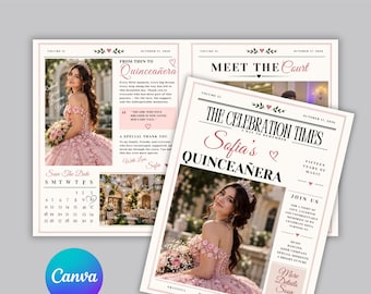 Quinceañera Save the Date Newspaper Template, Sweet 15 Invitation, Editable Canva Quince Magazine, Mis Quince Años, Newspaper Announcement