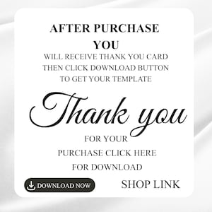 K&ouml;nnte beinhalten: Eine wei&szlig;e Karte mit schwarzem Text. Der Text lautet: "NACH DEM KAUF ERHALTEN SIE EINE DANKESKARTE, KLICKEN SIE DANN AUF DIE DOWNLOAD-TASTE, UM IHRE VORLAGE ZU ERHALTEN". Es steht auch "Danke" und "JETZT HERUNTERLADEN SHOP-LINK" drauf.