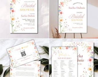 Ensemble de douche nuptiale de fleurs sauvages bohèmes, ensemble d'invitation de douche nuptiale, lot de fleurs, décoration de douche nuptiale de barre de fleurs, lot d'amour en fleurs, fleurs