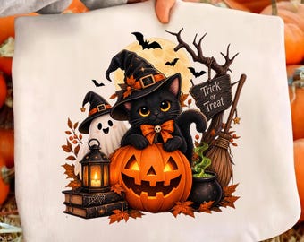 Halloween Black Cat PNG, Cute Witch Cat Sublimation Design, Trick or Treat Ghost Pumpkin Shirt PNG, Fall Clipart Instant Download
