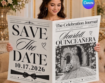 Quinceañera Newspaper Invitation Template, Sweet 15 Birthday Invitation, Editable Canva Quinceañera Invite, 15th Birthday Photo Template
