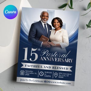 May include: A flyer for a 15th Pastoral Anniversary featuring a man in a navy suit holding a Bible and a woman in a cream dress. The text reads 15th Pastoral Anniversary, Faithful and Blessed, Saturday, November 14, 2026, 11:00AM to 3:00PM.