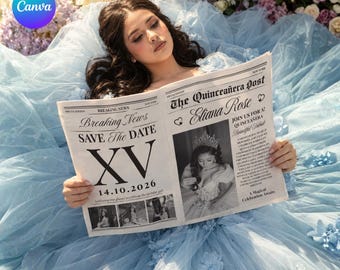Quinceañera Newspaper Save the Date, Sweet 15 XV Invitation Template, Editable Canva Quinceañera Invitation, 4 Page Newspaper Invite