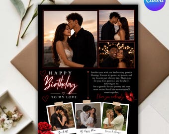 Romantic Birthday Flyer Template, Editable Canva Couple Photo Collage, Boyfriend Birthday Gift,Girlfriend Birthday Card,Love Birthday Poster