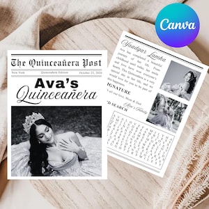 K&ouml;nnte beinhalten: Schwarz-wei&szlig; Zeitungsank&uuml;ndigung f&uuml;r Ava's Quincea&ntilde;era, mit einem Foto von Ava mit Krone und Kleid. Die &Uuml;berschrift lautet "The Quincea&ntilde;era Post" mit dem Datum 23. Oktober 2026.