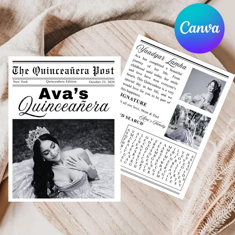 K&ouml;nnte beinhalten: Schwarz-wei&szlig; Zeitungsank&uuml;ndigung f&uuml;r Ava's Quincea&ntilde;era, mit einem Foto von Ava mit Krone und Kleid. Die &Uuml;berschrift lautet "The Quincea&ntilde;era Post" mit dem Datum 23. Oktober 2026.
