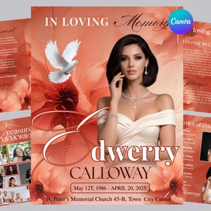 May include: A funeral program template featuring a portrait of a person in an off-the-shoulder white dress, a white dove, and orange floral background. Text includes IN LOVING MEMORY, Edwerry CALLOWAY, May 12T, 1986 - APRIL 20, 2025, and St. Peter's Memorial Church.