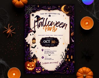 Cute Ghost Halloween Party Invitation, Editable Canva Template, Purple Witch Costume Party Invite, Printable 5x7 Digital Download