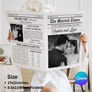 Może przedstawiać: Ogłoszenie ślubne w stylu gazety, zatytułowane "The Married Times", z imionami Sophia i Liam. Ogłoszenie zawiera zdjęcia, łamigłówkę słowną i datę 17 września 2006 r. Rozmiar to 43 x 28 cm.