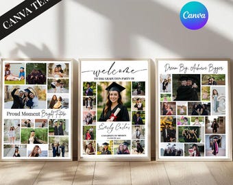 Modèle de plaque de bienvenue pour la fête de remise des diplômes, affiche de bienvenue photo pour l'obtention du diplôme, bienvenue de remise des diplômes minimaliste moderne, modèle de toile modifiable