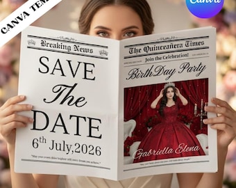 Modèle de journal « Save the Date » Quinceañera, faire-part sur toile modifiable pour une séance photo de coings (téléchargement numérique)