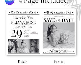 Quinceañera Newspaper Template, Editable Canva Sweet 15 Invitation, Save the Date, Quinceañera Newspaper Photo Prop, 4 Page Digital Download