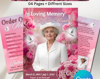 Modèle de programme de funérailles de roses roses : mémoire de 8 pages, célébration de la vie (modèle sur toile, téléchargement PDF)