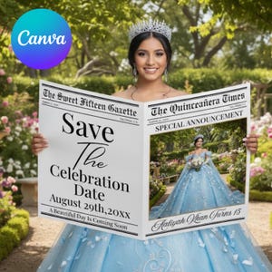 May include: A young woman wearing a tiara and a light blue gown holds a newspaper-style announcement. The headline reads "Save The Celebration Date August 29th, 20XX." The announcement is for a Quinceañera, a celebration of a girl's 15th birthday.