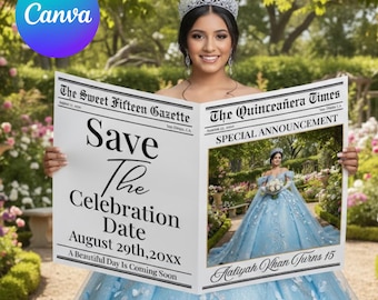 Journal Save The Date de Quinceanera, modèle de toile modifiable, invitation de Quinceanera, journal de séance photo de coing, invitation de journal Sweet 15