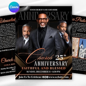 May include: A church anniversary flyer featuring three men in dark suits and ties. The text reads Church 25th Anniversary, Faithful and Blessed, Sunday, December 14, 6:30 PM, and Join Us To Celebrate. The design includes gold accents on a black background.