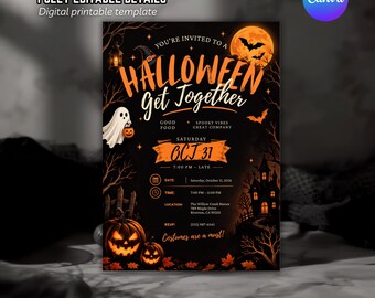 Halloween Get Together Invitation, Editable Canva Template, Pumpkin Ghost Party Invite, Halloween Evite, Printable 5x7 & Phone Invitation