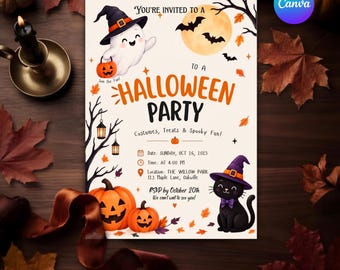 Cute Halloween Party Invitation for Kids, Ghost and Black Cat Invite, Editable Canva Template, Printable & Phone Evite, Thank You Tags