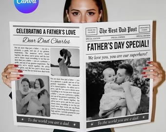 Modèle de cadeau journal pour la fête des pères, affiche photo personnalisée pour la fête des pères, cadeau papa en toile modifiable, souvenir personnalisé de la fête des pères, numérique