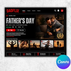 May include: A digital interface titled DADFLIX featuring a Father's Day theme. The layout includes a main banner with a man and child, a play button, and a description. Below are four smaller images showing father-child interactions and icons.