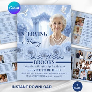 8-Page Blue Funeral Program Template, Bi-Fold Memorial Program, Obituary Template, Celebration of Life, Editable Digital Download